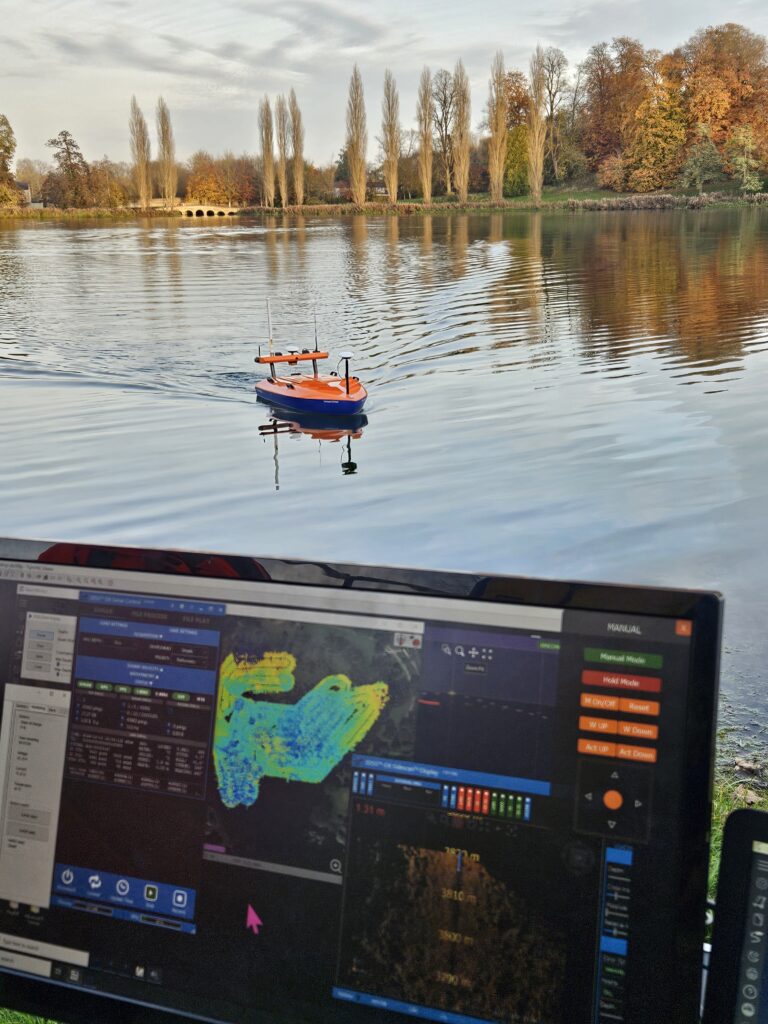 Uni-Mini USV perfroming survey in shallow water